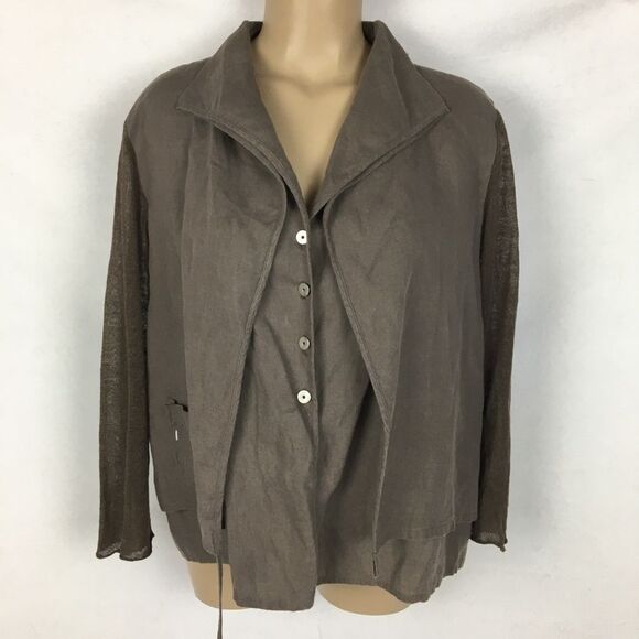 Crea Concept Linen Brown Button Front Layered Jacket Top 12 - Picture 3 of 9